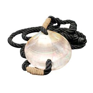 Vintage Mother Of Pearl Shell Pendant Necklace With Black Braided Cord & Woven